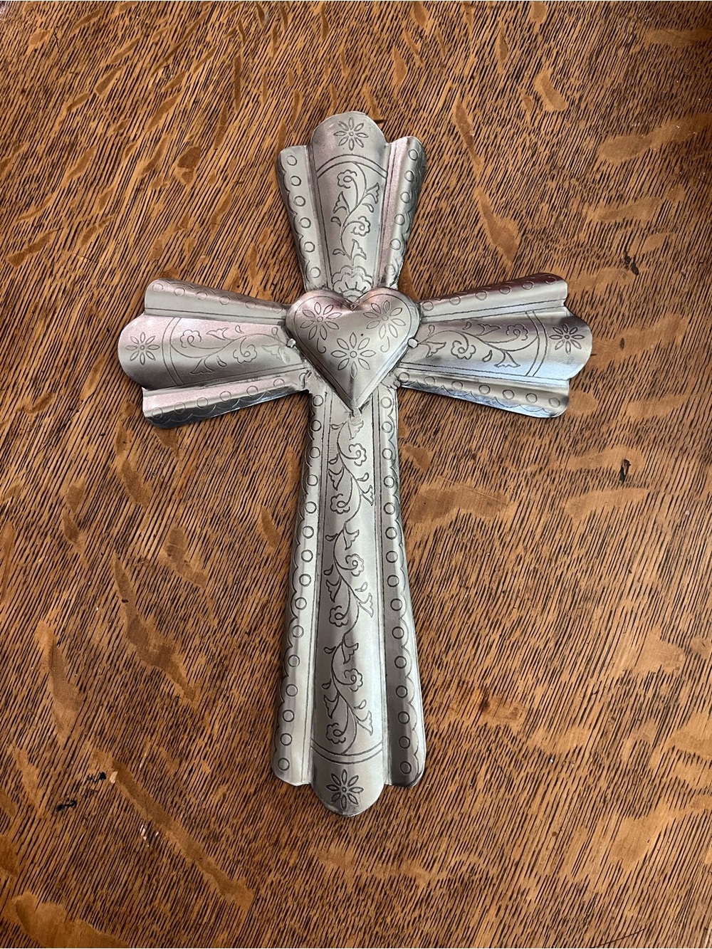 Decorative Silver-Tone Embossed Metal Cross with Heart